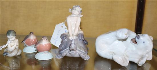 Royal Copenhagen figure of a faun riding a tortoise, playful bear,  2 mini robins & a mermaid (5)